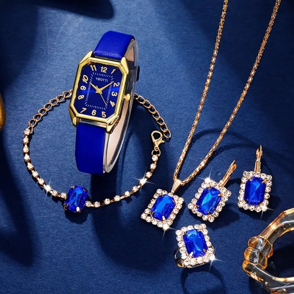 NWT 6pc Women Fashion Retro PU Leather Band Quartz Watches+Crystal Jewelry Set